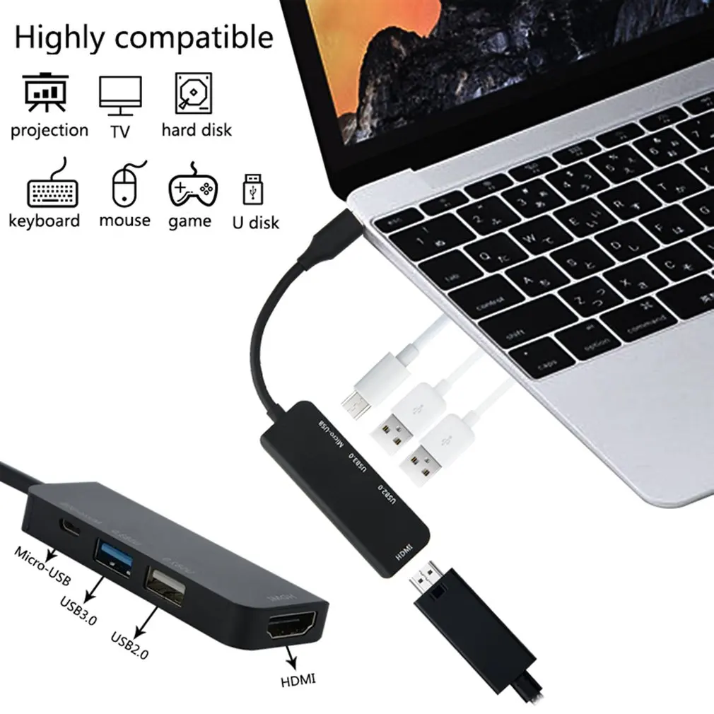 Концентратор адаптер Tpye-C к Micro USB 2,0 USB 3,0 HDMI 4 порта разветвитель концентратор usb-порт сплиттер для ПК компьютера