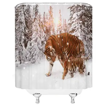 

Tiger Shower Curtain Mommy Tiger and Baby Tiger Lovely Winter Snowy Pine Tree Forest Natural Wild Animal Scenery Fabric Bathroom