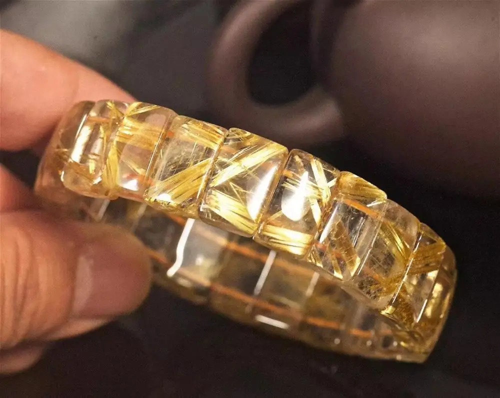 

Top Natural Gold Rutilated Quartz Crystal Bracelet 15x7mm Woman Clear Rectangle Beads Jewelry Bangle Brazil AAAAA Certificate