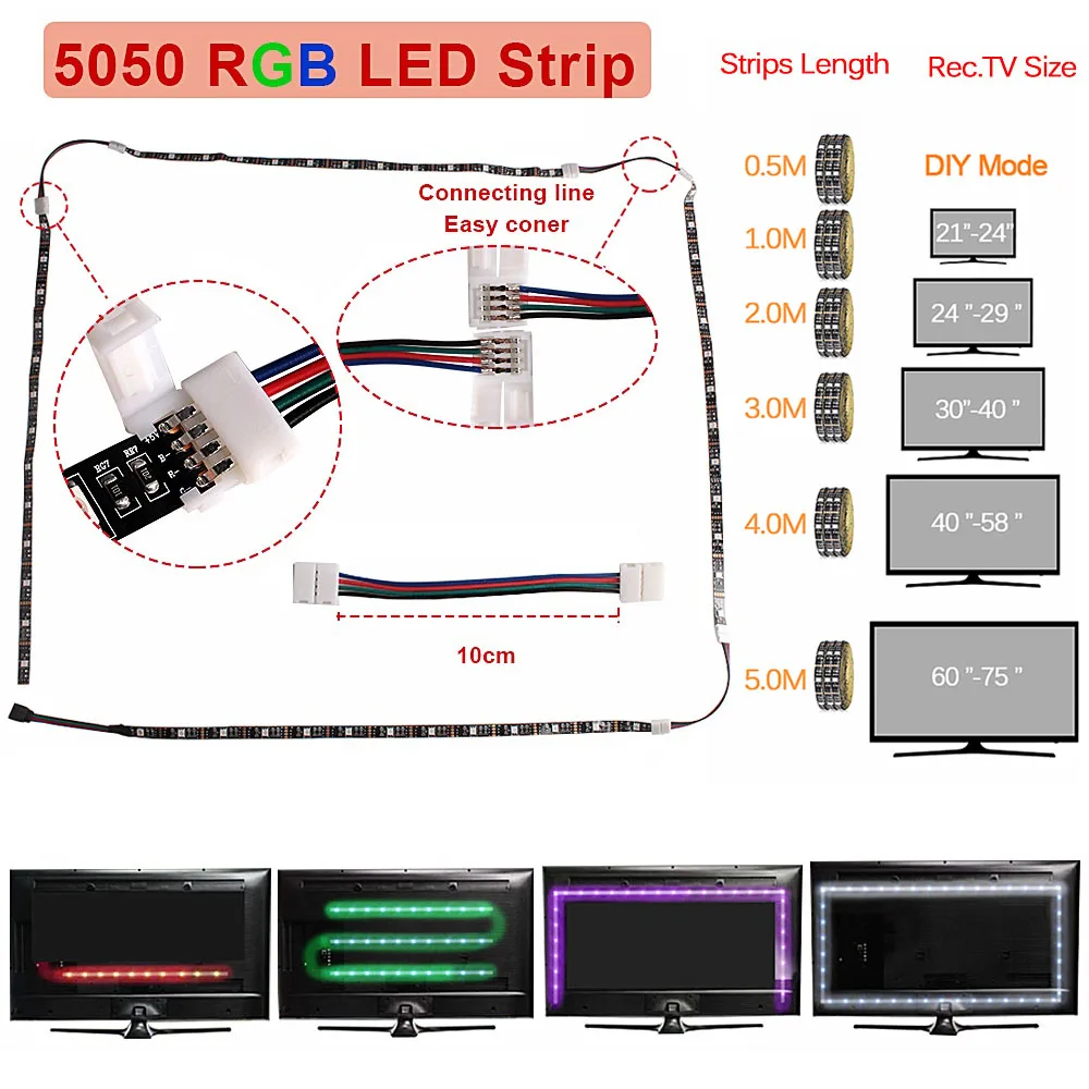 Лента светодиодная диодная лента Светодиодный светильник 5 в USB, 5 м, 1 м, 2 м, 3 м, 4 м, 5050 RGB, Светодиодная лента с подсветкой для телевизора, белый светильник для кухонного шкафа гибкий неон