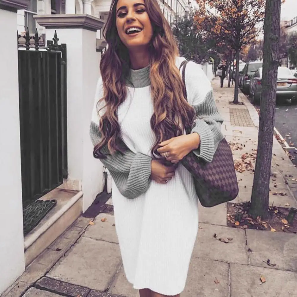 

2019 Fashion Winter Women's Sweater Dress Casual Color Blocking Long Sleeve Turtleneck Lazy Loose Sweater Pullover Vestidos