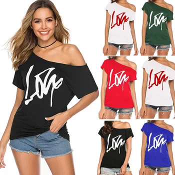 

Women's Casual Sexy Off Shoulder Letter Print Shirts Loose Tops Blouses