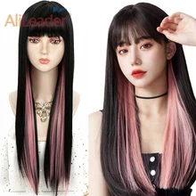 

Alileader 26Inch Black Pink Long Straight Synthetic Wigs Lolita Cosplay Wig With Bangs Soft Hair Multiple Colour Silk Hair Wigs