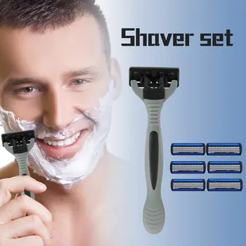 

6 Layers Razor 1 Razor Holder + 7 Blades Replacement Shaver Head Cassette Shaving Razor Set Blue Face Knife For Man