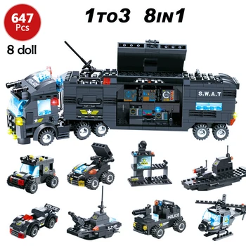 

647pcs 8 IN 1 Building Blocks City Police SWAT Truck Car Compatible City Police Station Bricks Toys for Boys Children