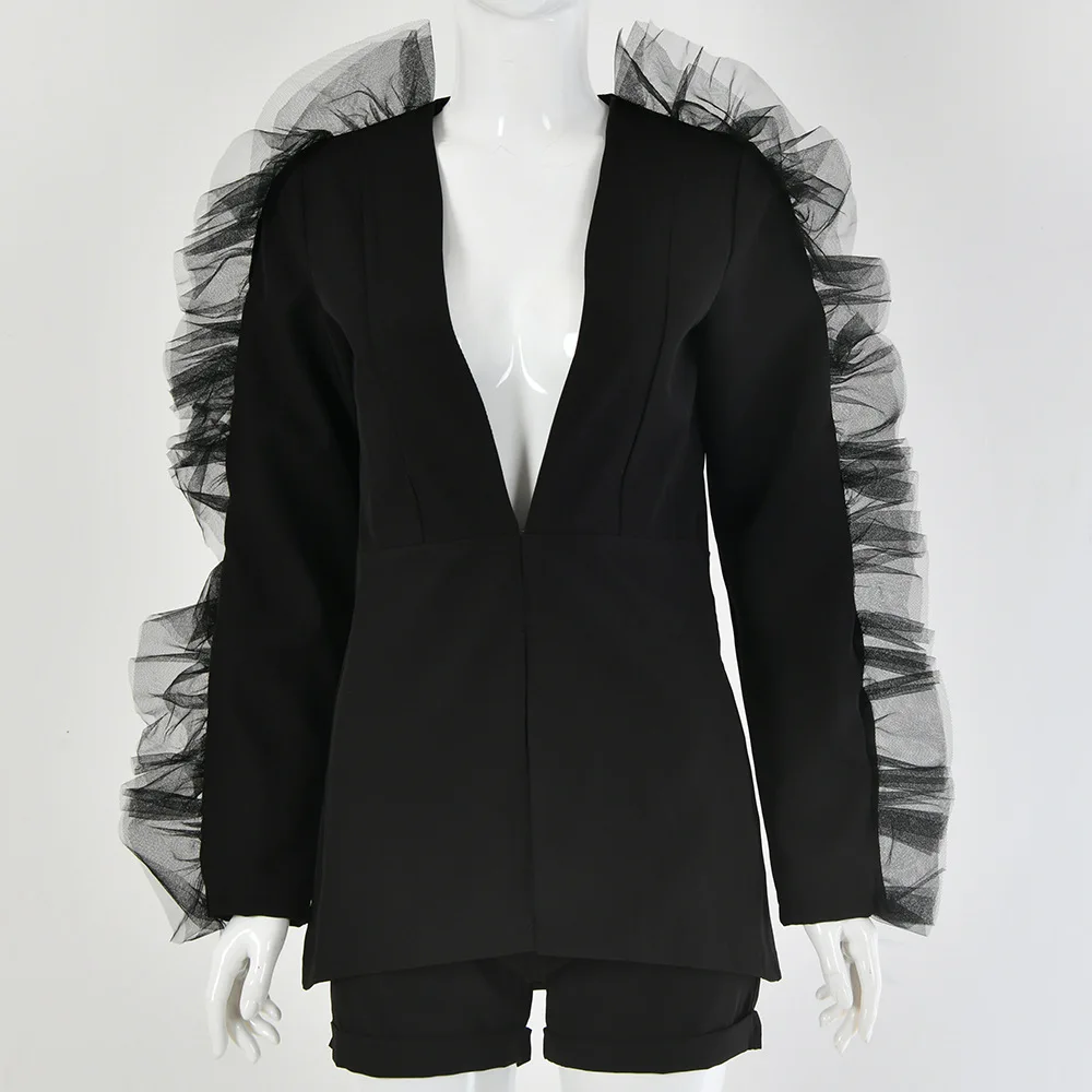 Офисный женский осенне-зимний стильный комплект из двух предметов, модная куртка, тонкий комплект с шортами, уникальный кружевной вырез, глубокий v-образный вырез, комплект из 2 предметов