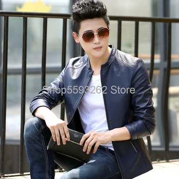 

Men's jacket casual youth slim shirt stand collar leather jacket men's tide wild autumn