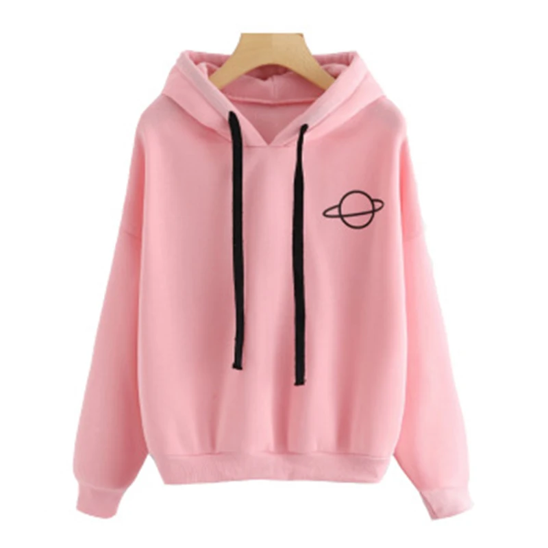 

Paris girl Planet Print Drop Shoulder Hoodie Women Yellow Pullovers Spring Autumn Ladies Hooded Full Sleeve Sweatshirt