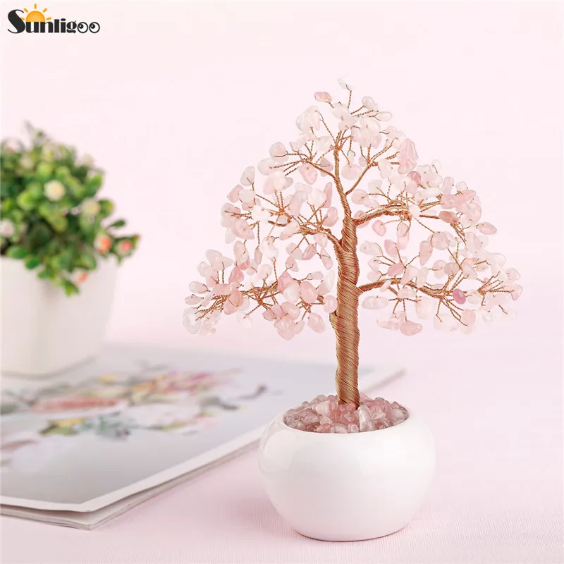 Sunligoo Crystal Feng Shui Money Trees Ornaments Mini Healing Gemstones Bonsai Tree Figurines W/ Ceramic Vase Office Home Decor