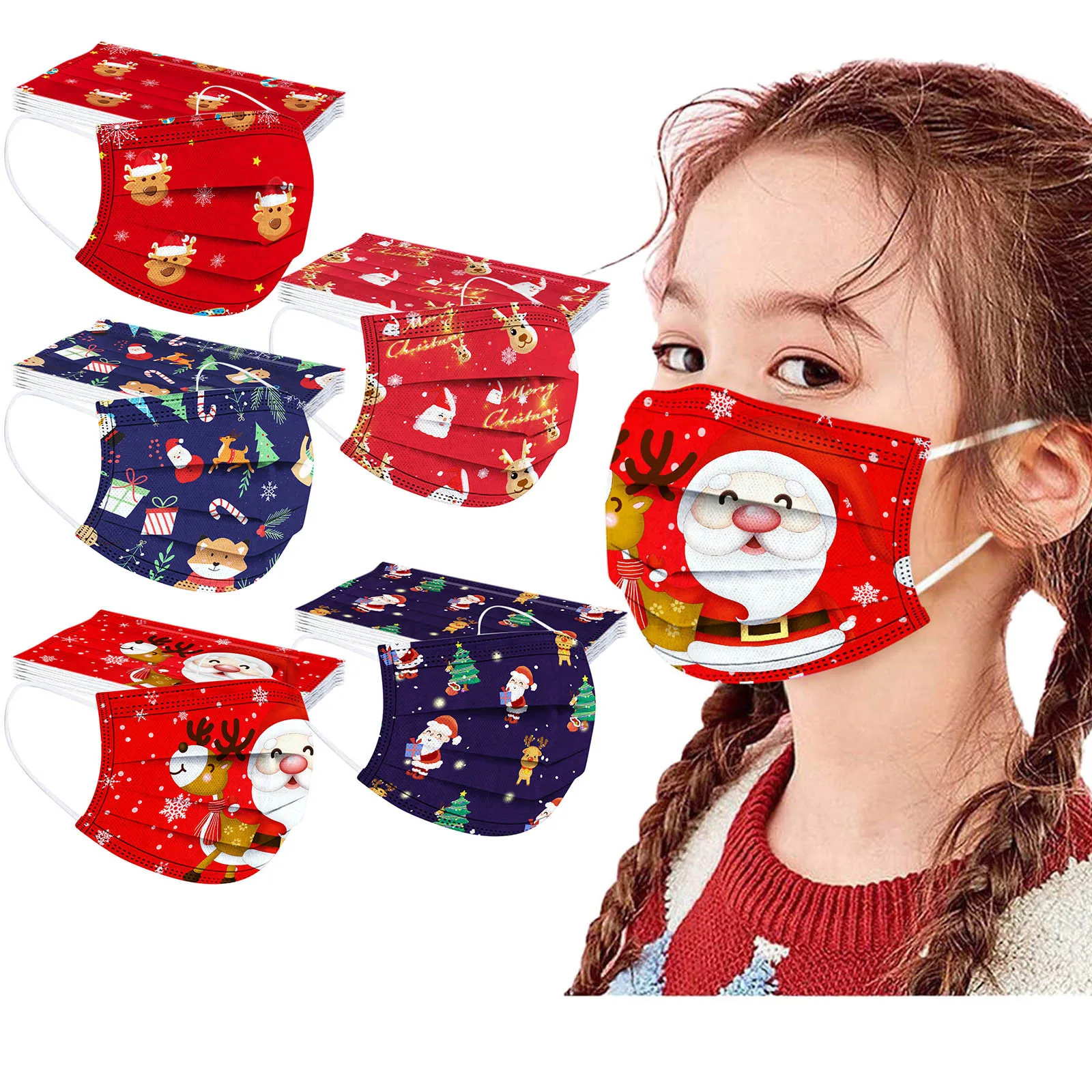 

50pc Christmas Children's Disposable Mask Printed 3-ply Cubrebocas Para Niños Kids Face Masks Santa Claus Cosplay Navidad Маска