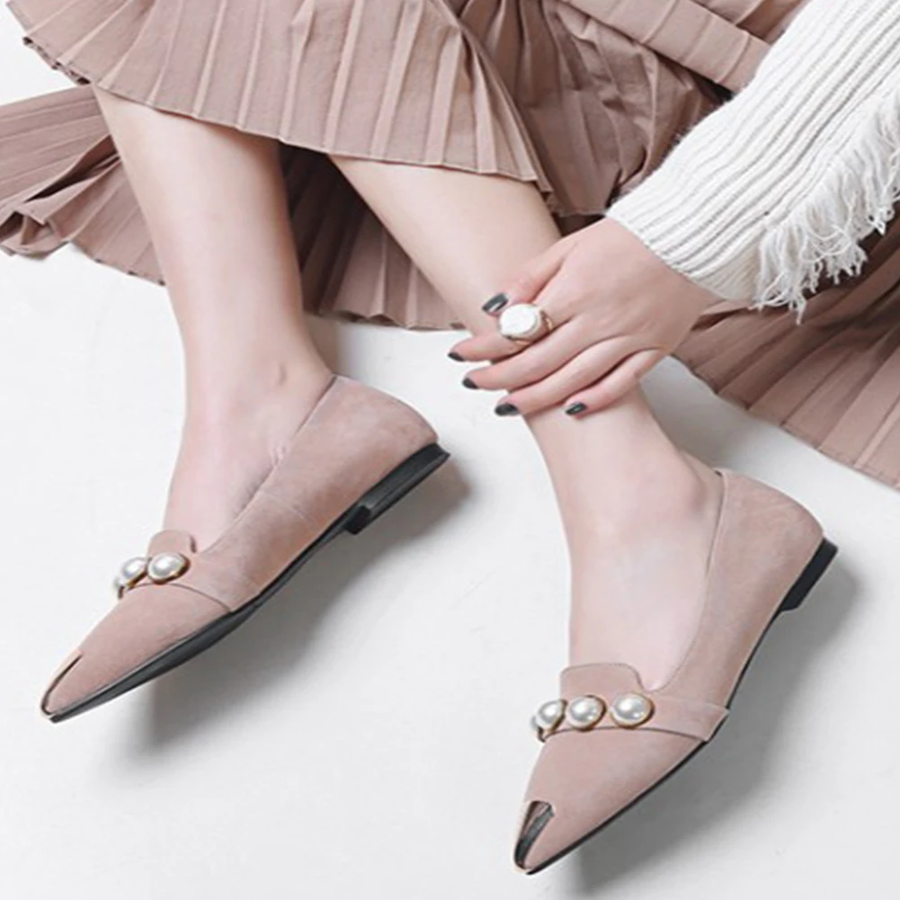 

RIBETRINI Female Spring Cool Decorating Shoes Woman Daily Casual slip-on Shallow Flats Women Low Heels Natural Suede Flats