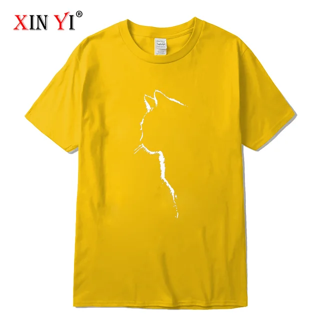 XINYI Men's T-shirt Top Quality 100% cotton short sleeve cool cat print casual loose men t shirt o-neck t-shirt men tee shirts Yellow-2018312