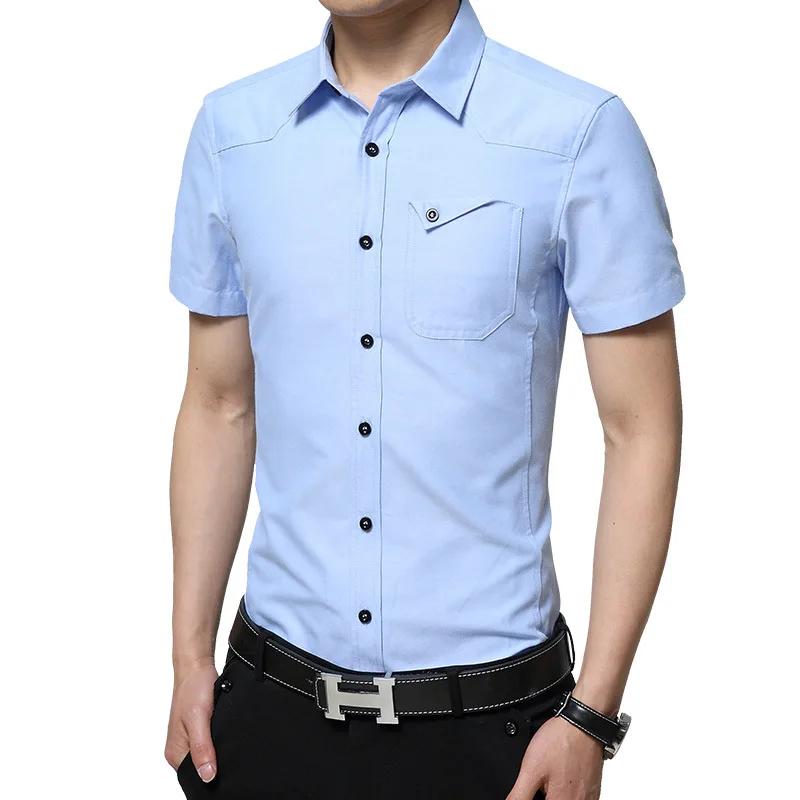 Летняя мужская рубашка с коротким рукавом, мужская повседневная приталенная рубашка, однотонная Хлопковая сорочка в Корейском стиле, Бордовая рубашка, новая брендовая одежда - Цвет: Light Blue