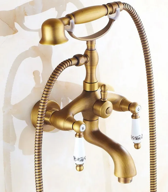 

Античный латунный настенный смеситель для ванной комнаты, набор для ванны с ручной душевой лейкой 1,5 м, смеситель Dtf313