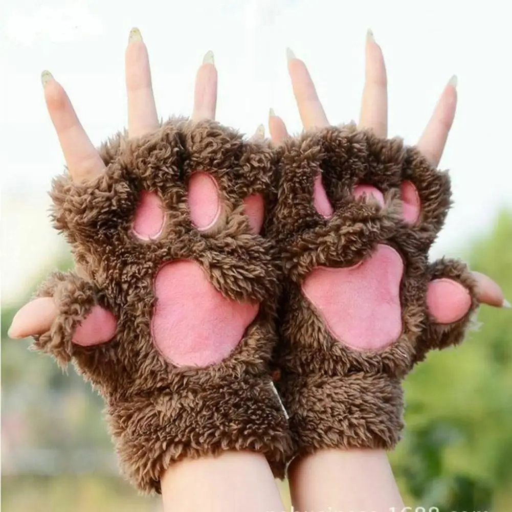 

1 Pair Cute Girls Cats Claw Plush Warm Neck Hanging Gloves Winter Half Finger Mittens Thermal Autumn Winter Finger Mittens Glove