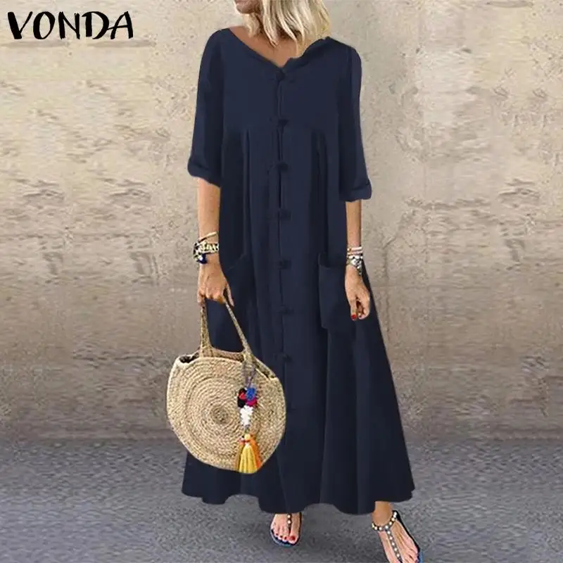 VONDA платье с коротким рукавом женские вечерние однотонные Макси длинное платье богемные Vestidos женский Сарафан Плюс Размер Robe