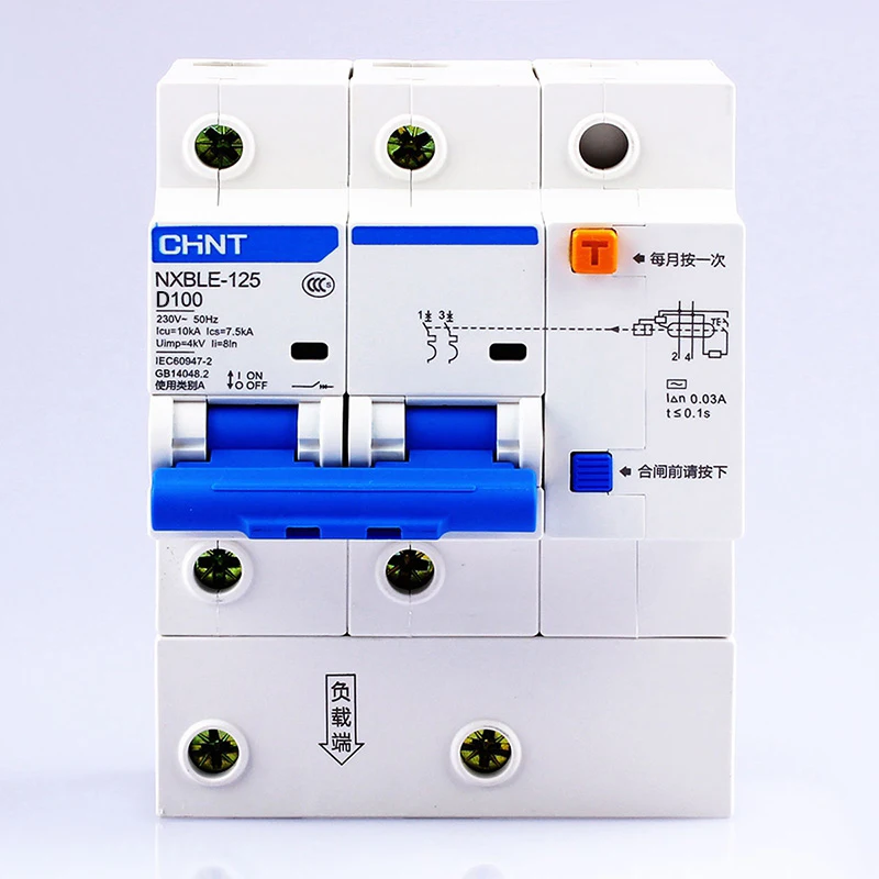 

CHINT AC230/400V NXBLE-125 2P residual current device D 63 80 100 125A Electromagnetic release type D short circuit protection