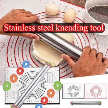 

Adjustable Stainless Steel Pin With Dough Mat Dough Roller With 4 Removable Thickness Rings For Baking Dough Pizza Pie Baking