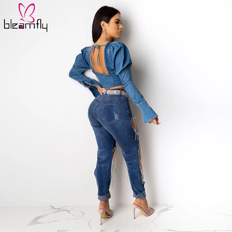 Beading Tassel Spliced Ripped Jeans For Women High Waist Cut Out Hole Sexy Skinny Jean Casual Streetwear Ladies Blue Denim Pants