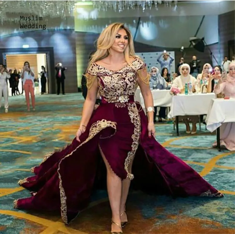 

Elegant Short Evening Dress With Long Detachable Train Arabic Dubai Formal Evening Gown 2020 Plus Size Gold Appliques Prom Dress