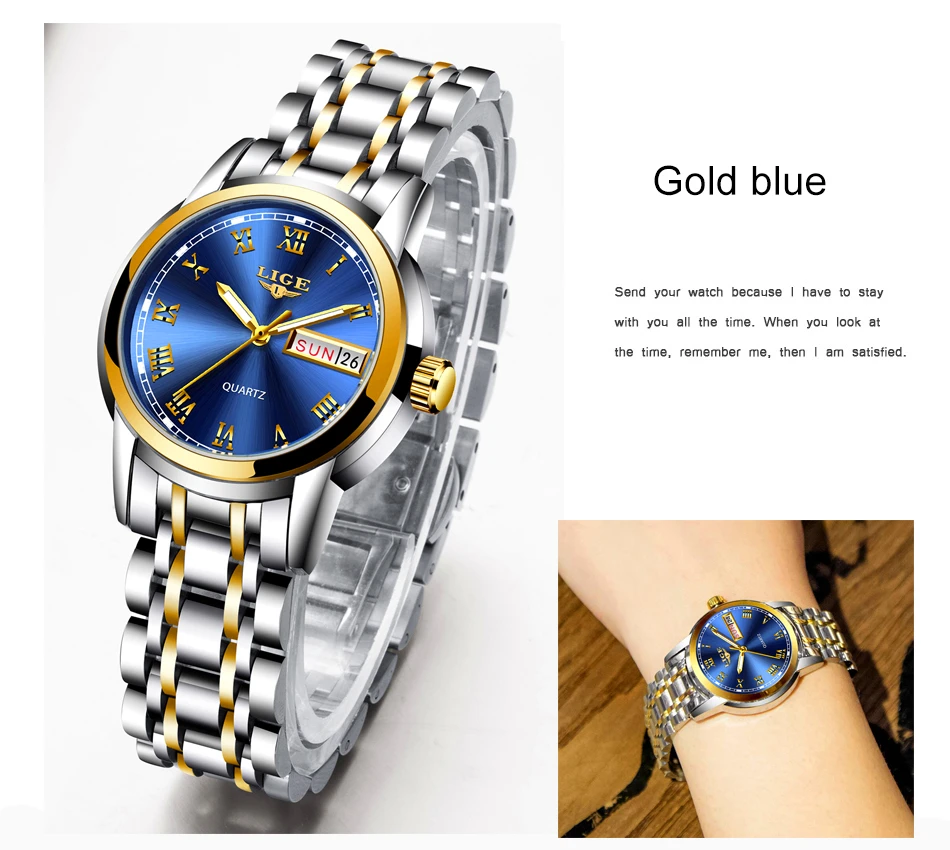 LIGE Fashion Women Watches Gold Blue Ladies Bracelet Watches Reloj Mujer 2020 New Creative Waterproof Quartz Watch For Women+Box