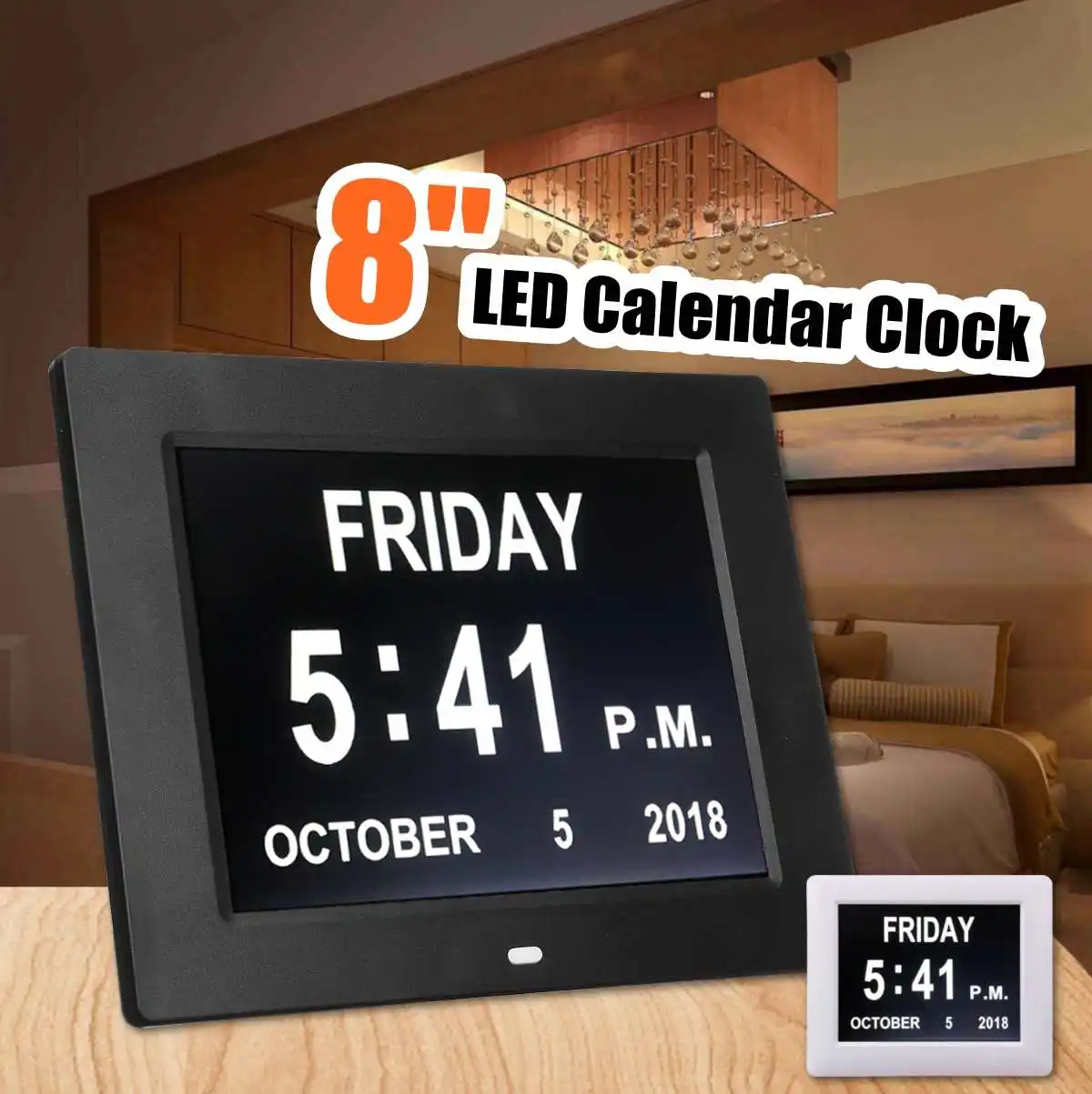 

8 inch Clock Calendar with Date Day Hour 8 Inch Led Large Alarm for Elderly Alzheimer and Children - White European Plug