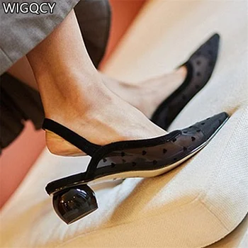 

Thick Heel Mesh Sandals Women Polka Dot Pointed High Heels Hollow with 2020 New Women Baotou Summer Sandals Zapatos De Mujer
