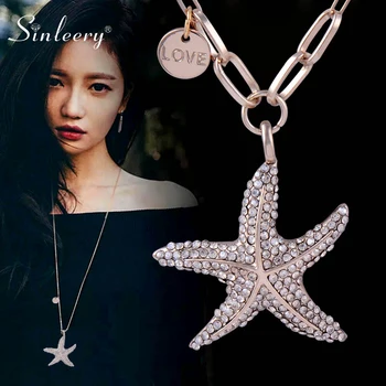 

SINLEERY Chic Starfish Pendant Necklace Antique Gold Silver Color Chain Full Zirconia Long Necklace For Women Jewelry MY008 SSI