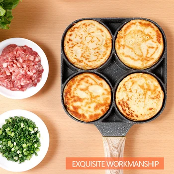 

Kitchen 4 Hole Non-stick Omelet Pan for Burger Eggs Ham Pancake Maker Wooden Handle Frying Pot Cooking Breakfast