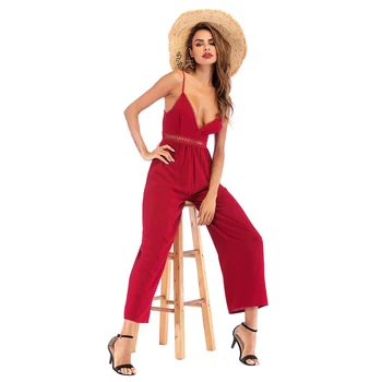 

QNPQYX Sexy Spaghetti Strap Maxi Jumpsuit Women Sleeveless Bow Knot Back Mid Waist Hollow Out Long Wide Leg Pants Romper Clothes