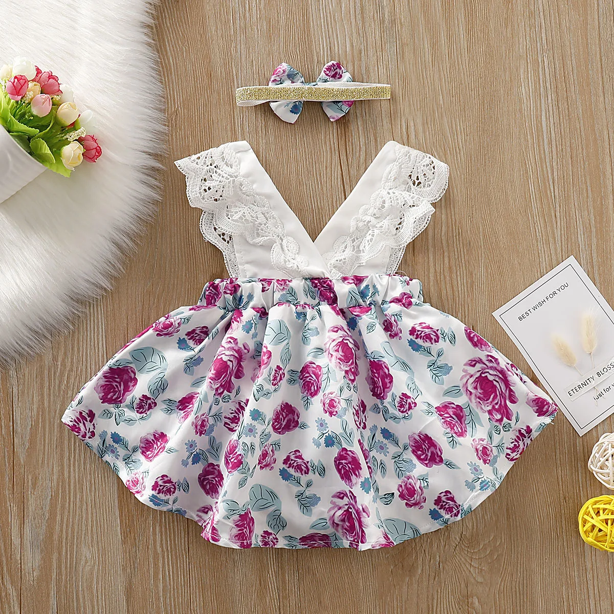 

PatPat 2020 New Summer Baby Girl's Lace Decor Floral Allover Sleeveless Dresses and Bow Headband