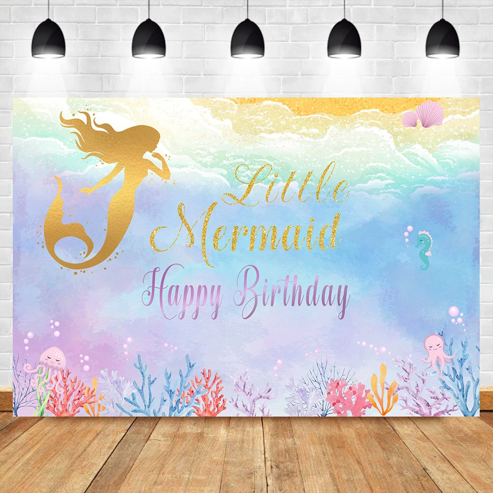 マーメイドハッピーバースデー背景妖精物語水中世界誕生日パーティーバナー写真の背景デザートテーブルの装飾の小道具 背景 Aliexpress