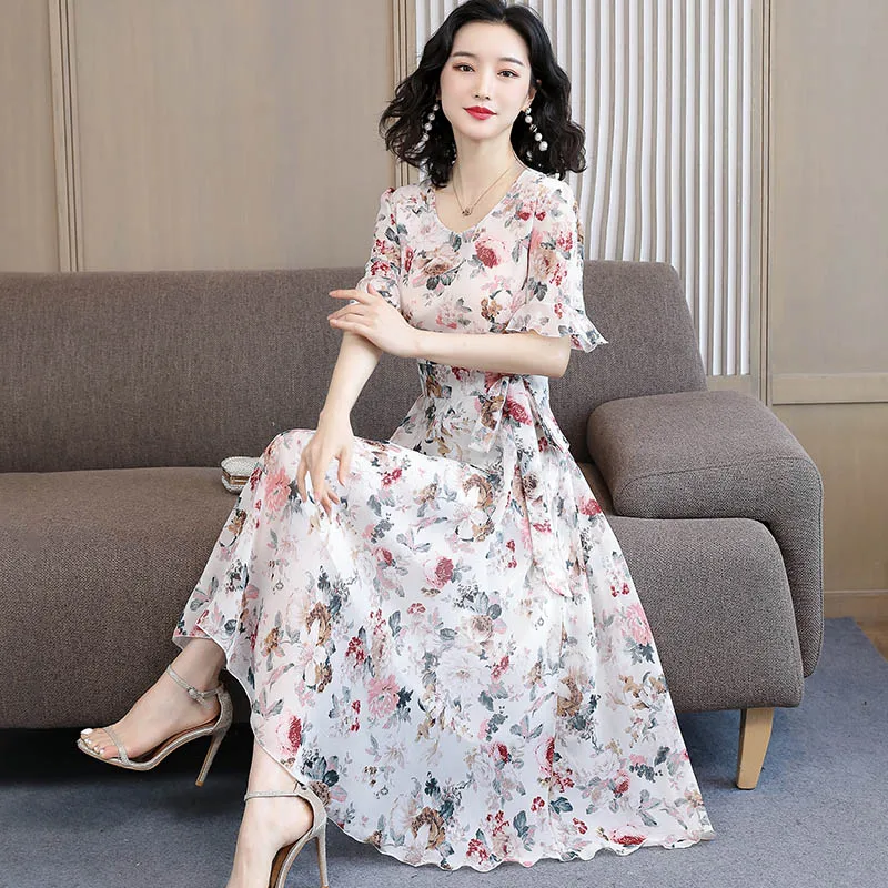 Женское шифоновое платье с цветочным принтом длинное облегающее платье-трапеция