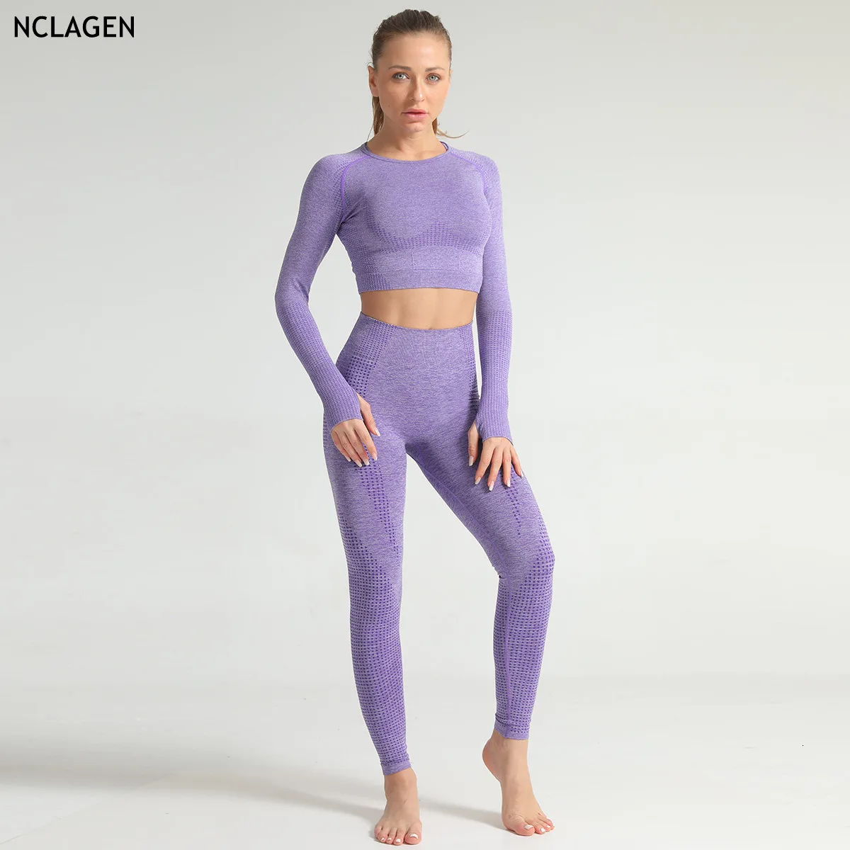 

Yoga Set Fitness Sport Suit Woman 2 Piece Elastic Seamless Long Sleeves Sportswear Gym Workout Running Legging Tracksuit NCLAGEN