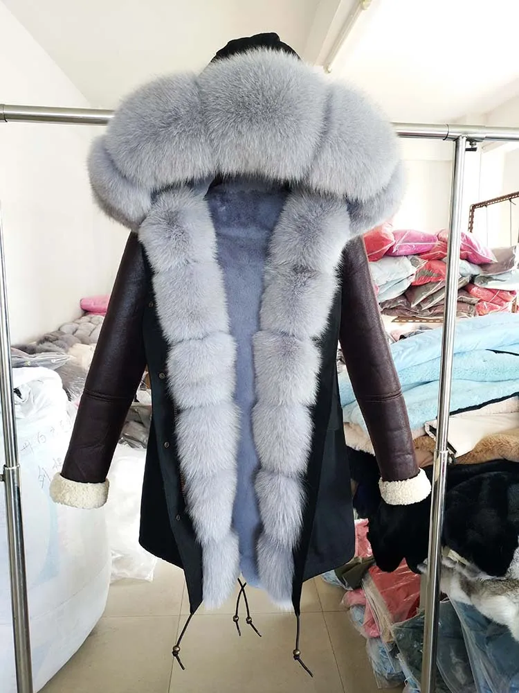 Gray add front fur Длинная парка, пальто из натурального меха, зимняя куртка для женщин, натуральный мех енота, Лисий меховой капюшон, воротник, манжеты, толстая теплая верхняя одежда, новинка - Цвет: Gray add front fur