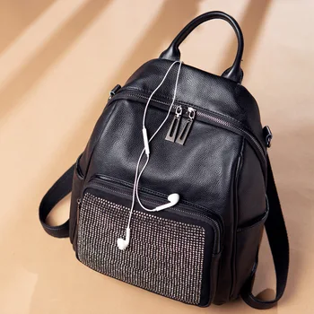 

QINRANGUIO Genuine Leather Backpack Women School Bags for Teenage Girls Black Backpack Female Fashion Women Backpack School