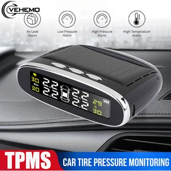 

Vehemo Tire Pressure Monitoring System Car Vehicles Solar Energy TPMS 4PCS Sensor High Temperature Alarm USB Tyre Windshield