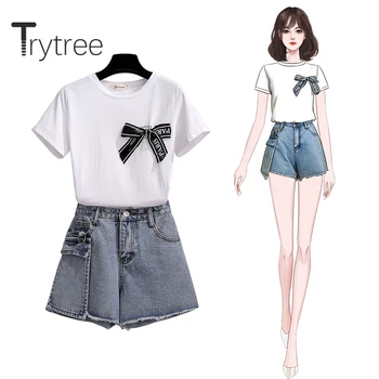 

Trytree 2020 Summer Women two piece set Casual O-neck Bow T-shirt Tops + Shorts Three-dimensional Fashion pocket Set 2 piece set