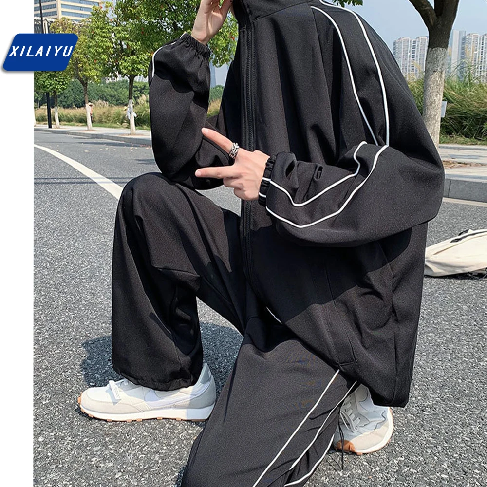 

XILAIYU Autumn wind tide ins leisure coat two-piece loose stripe width 9 minutes of pants leg movement