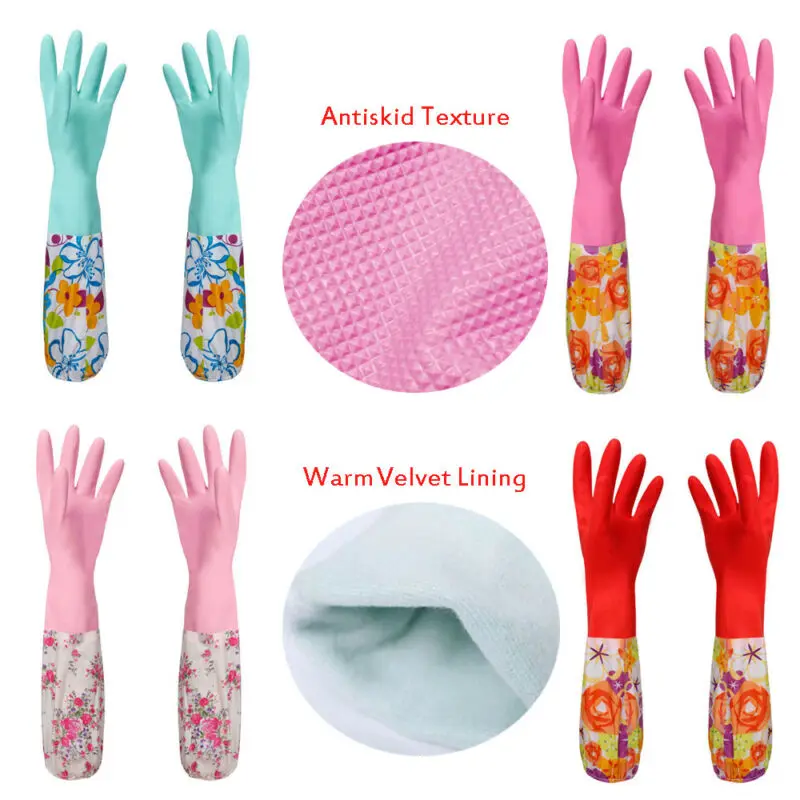 

Faroot Flower Rubber Velvet Long Gloves Antiskid Insulate Household Dish Washing Cleaning Unbreakable Gloves