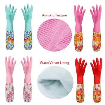 

Faroot Flower Rubber Velvet Long Gloves Antiskid Insulate Household Dish Washing Cleaning Unbreakable Gloves
