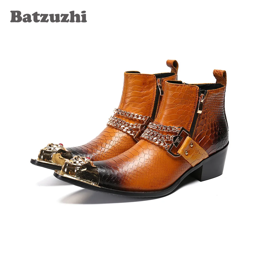 

Batzuzhi Cool 6.5cm High Heel Men's Ankle Boots Pointed Toe Formal Leather Ankle Boots Men Chains Motorcycle Bota Masculina