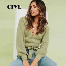 *#Best Price GIYU Knit Solid Jumpers V Neck Sweater Lantern Long Sleeve Autumn Sashes Tie-up Loose Drop Shoulder sueter mujer invierno *#Best Price GIYU Knit Solid Jumpers V Neck Sweater Lantern Long Sleeve Autumn Sashes Tie-up Loose Drop Shoulder sueter mujer invierno