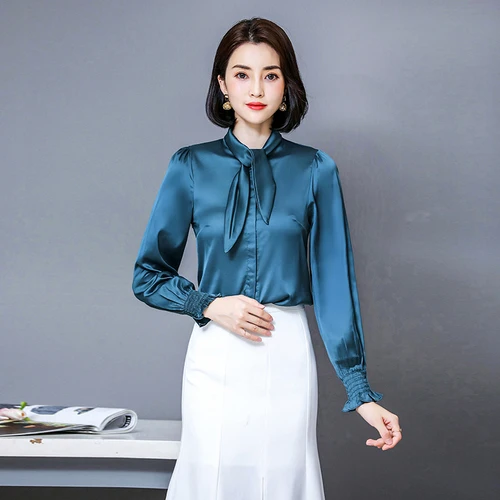 Blusas Mujer De Moda осенние модные офисные женские рубашки с длинным рукавом и бантом женские Однотонные блузки на каждый день женские топы 6225 50 - Цвет: blue