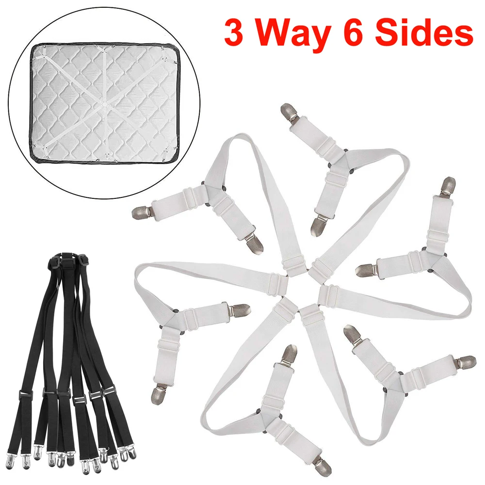 

6 Sides Bed Sheet Holder Adjustable 3 Way Fasteners Elastic Suspenders Anti-Slip Clips Fitted Mattress Cover, Sofa Cushion