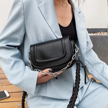 

Weave Shoulder Belt Female Saddle Bag PU Leather Crossbody Bags Fashion Mini Chain Shoulder Bag Women Solid Color Small Flap Bag