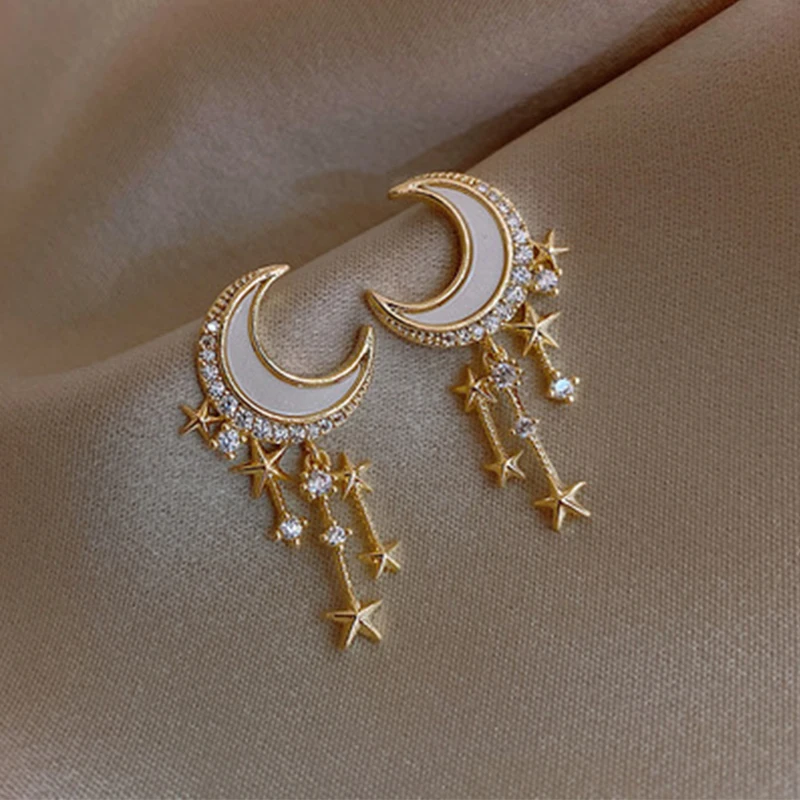 

2021 New Fashion Moon Dangle Earrings Woman Temperament Pearl Cherry Cat Rhinestone Pendant Earrings Girl Party Jewelry