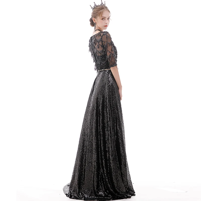 Vestido largo fiesta noche Элегантное Черное вечернее платье с коротким рукавом вечернее платье женское платье вечернее платье E26