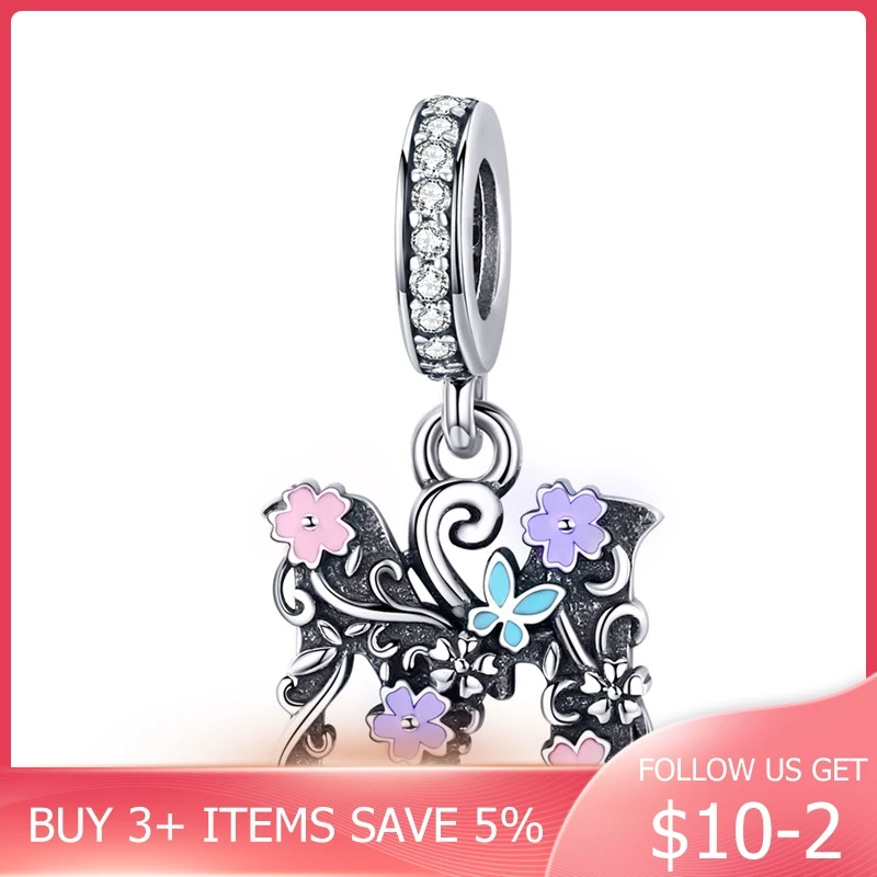 

CodeMonkey Letter M Pendant Charm fit Original Silver Bracelet Vintage Enamel Flower Pattern 925 Sterling Silver Jewelry C1274
