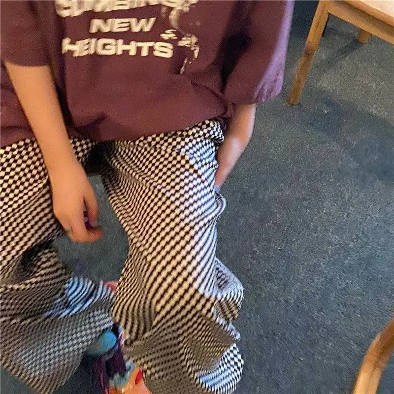 Total em Linha Calças Xadrez Feminino Cintura Alta Elástica Comprimento Reta Elegante Adolescentes Streetwear Chique Verão Casal Lazer Solto 7 Cheap Calças e capris